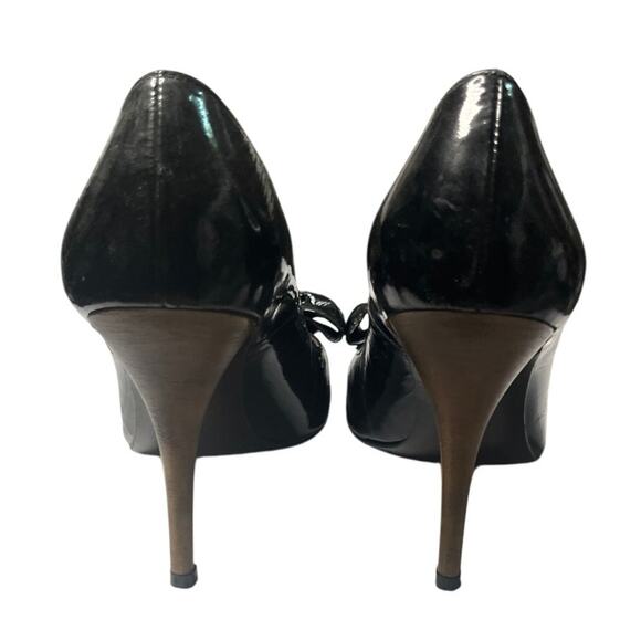 Stuart Weitzman Black Bow Tie Patent Leather Peep Toe Pumps 6.5 - Picture 3 of 11